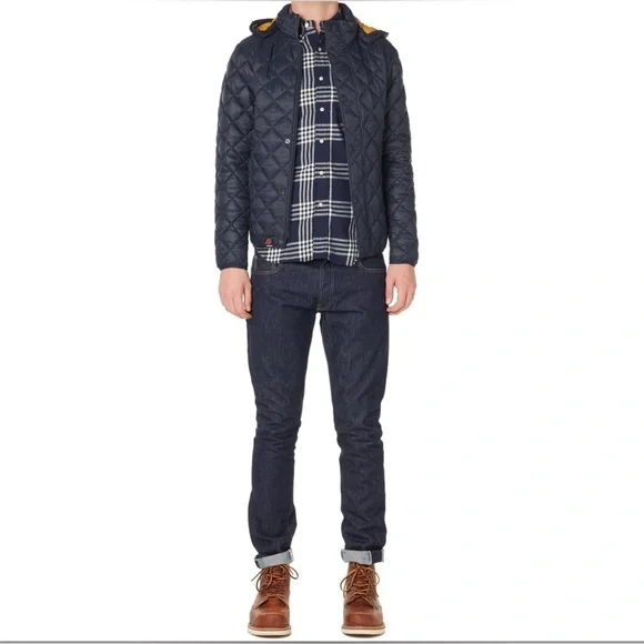 Barbour Navy Pillar Greatcoat Hooded quilt Jacket size small Men / Unisex